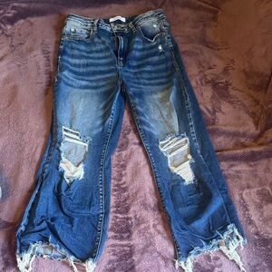 Zenana Outfitters Ripped Flare Jeans in Blue